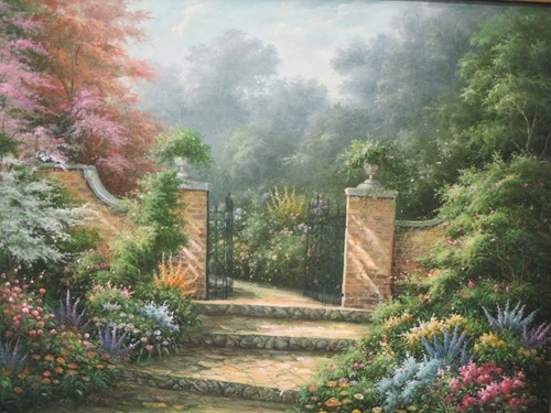 Lot 391 - A large modern painting of a country garden...