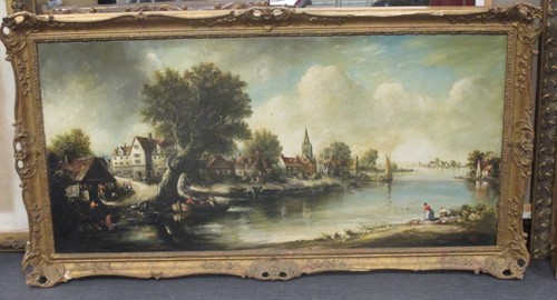 Lot 389 - A Village river scene with figures and boats,...