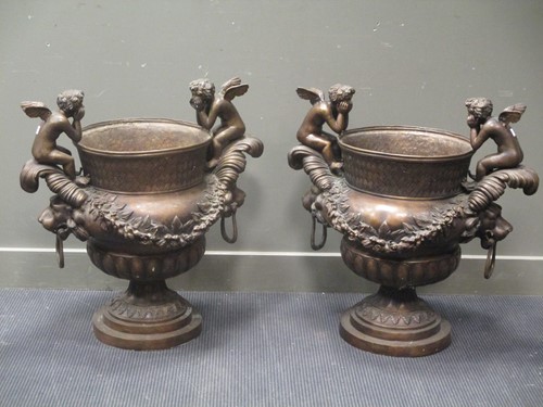 Lot 419 - A pair of large modern reproduction bronze urn...