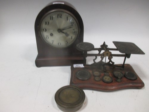 Lot 136 - Mantle clock; together with Postal scales (2)