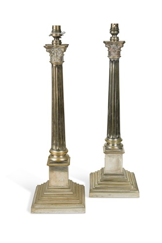 Lot 374 - A pair of electroplated Corinthian column table lamps, 20th century