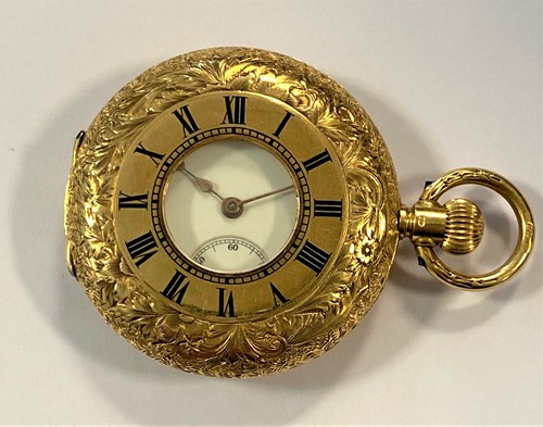 Lot 225 - Unsigned - A lady's Swiss 18ct gold half hunter pocket watch