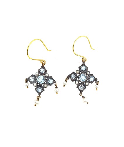 Lot 183 - A pair of blue topaz and seed pearl ear pendants