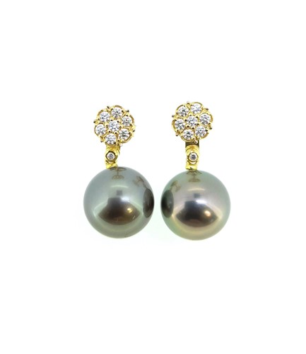 Lot 204 - A pair of Tahitian pearl and diamond ear pendants