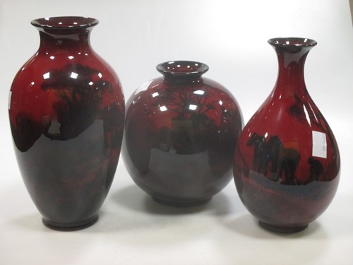 Lot 110 - Three Royal Doulton flambe landscape vases,...