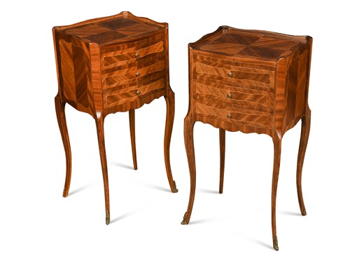 Lot 335 - A pair of Louis XV style kingwood parquetry bedside tables