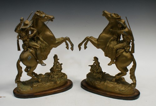 Lot 48 - Three pairs of spelter Marly type horses, the...