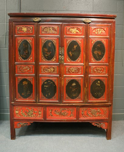 Lot 434 - A large red laquer Chinese cabinet, 185 x 152...