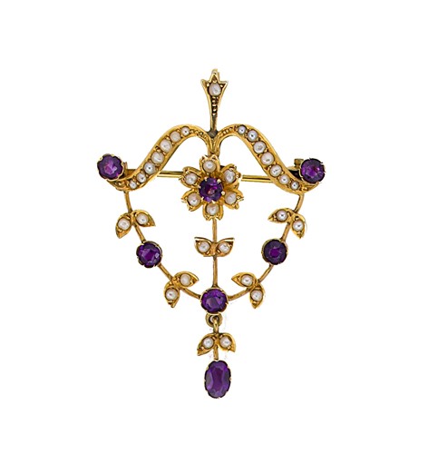 Lot 27 - An Edwardian amethyst and seed pearl pendant/brooch