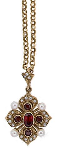 Lot 45 - A garnet and pearl pendant and chain together with a pair of garnet cluster ear studs