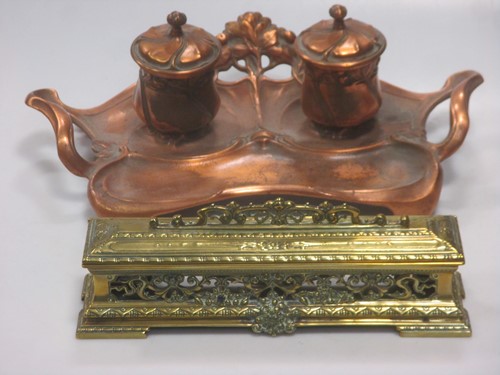 Lot 7 - An Art Nouveau copper ink stand, together with...