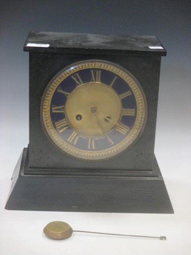 Lot 4 - A Victorian slate mantle clock with blue...