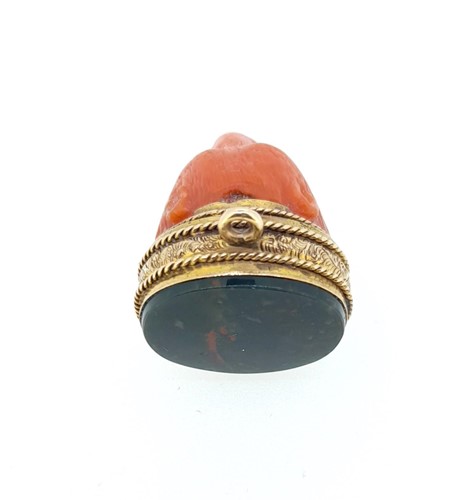 Lot 12 - A 19th century carved coral and bloodstone fob seal