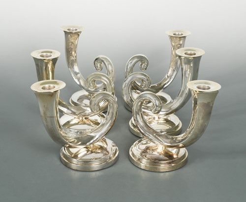 Lot 374 - A set of six 20th century Chinese export metalwares candlesticks