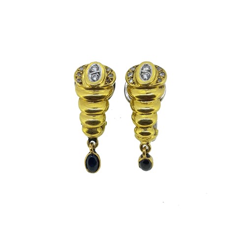 Lot 108 - A pair of diamond and sapphire ear pendants