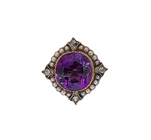 Lot 28 - A Victorian amethyst, seed pearl and diamond brooch