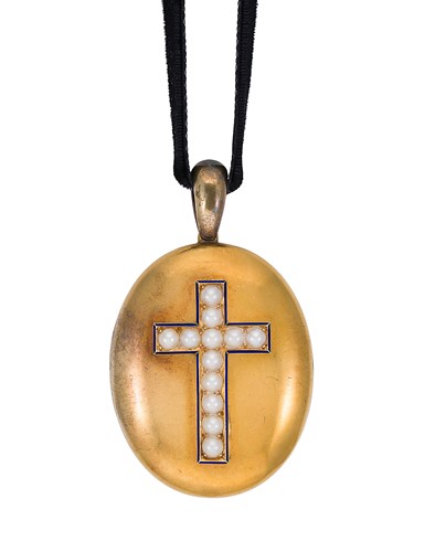 Lot 42 - A Victorian pearl and enamel hinged locket on a velvet ribbon