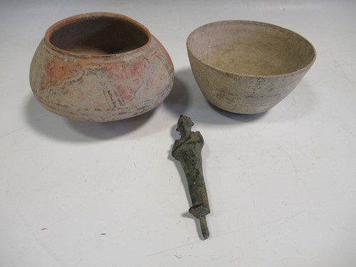 Lot 37 - Two painted earthenware bowls and a bronze...