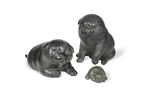 Lot 69 - Three Japanese bronze puppy dogs, late 19th/early 20th century