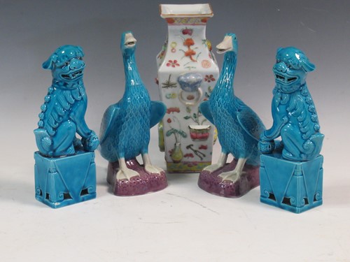 Lot 19 - A pair of Chinese turquoise temple lions, a...