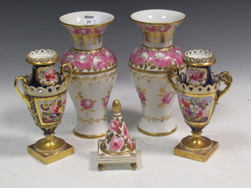 Lot 25 - A garniture of Worcester vases with script...