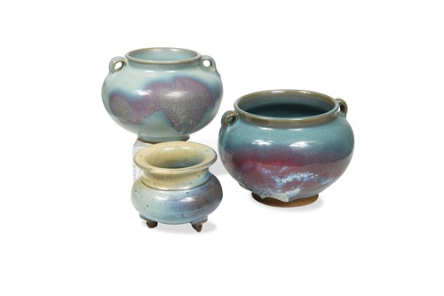 Lot 44 - Two Chinese Junyao jarlets, and a tripod jar, Song/Yuan Dynasty or later