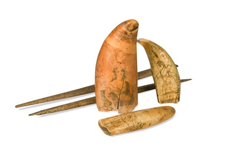 Lot 782 - Three Scrimshaw sperm whale teeth, 19th century