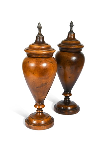 Lot 488 - A pair of turned hardwood classical style baluster urns with covers, modern