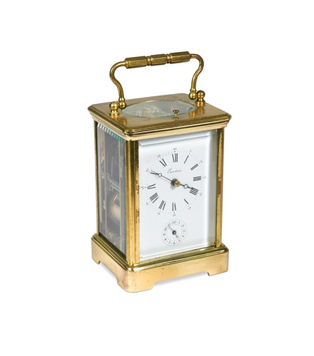 Lot 372 - A French carriage clock with alarm and repeat by Epee, 20th century