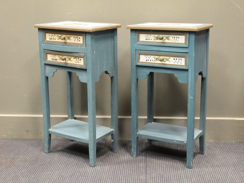 Lot 592 - Pair blue floral painted two drawer bedside...