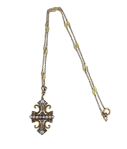 Lot 41 - A Victorian stylised split pearl and diamond cross pendant necklace