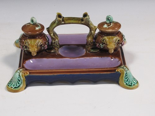 Lot 87 - Majolica inkstand with lidded ink wells...