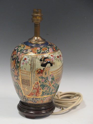 Lot 33 - Oriental ceramic lamp decorated with woman in...