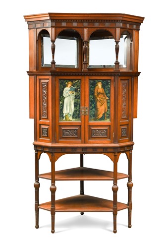 Lot 181 - Attributed to Collinson & Lock, a rare walnut corner cabinet with painted panels by Charles Fairfax Murray, circa 1875