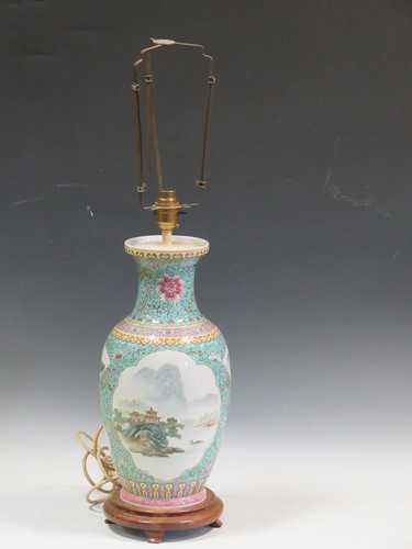 Lot 29 - Chinese famille verte vase adapted for...