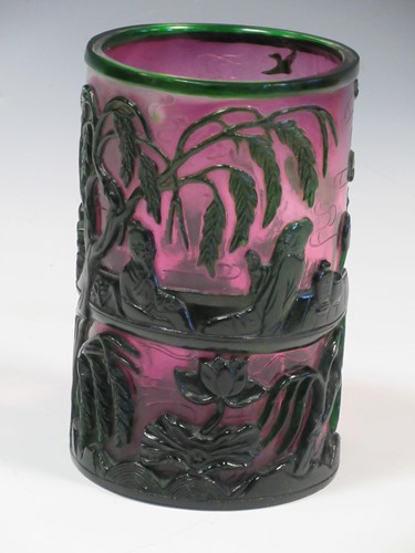 Lot 35 - A Chinese overlay Peking glass brush pot,...