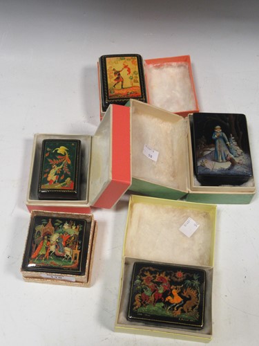 Lot 118 - Five Russian painted lacquer Palekh boxes-...