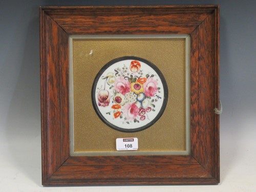 Lot 108 - A framed 19th century floral painted porcelain...