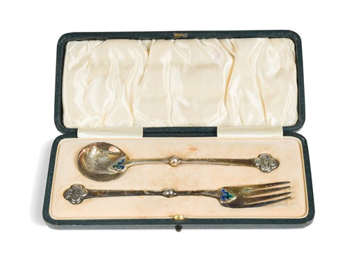 Lot 174 - A cased silver and enamel Christening set by William Hair Haseler, possibly for Liberty & Co.