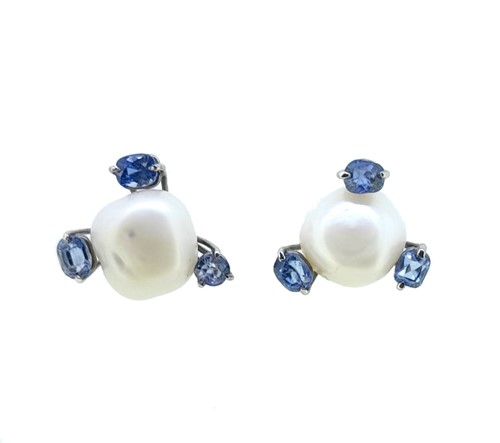 Lot 21 - A pair of pearl and sapphire ear studs
