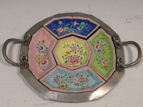 Lot 80 - A Chinese pewter and hard stone mounted hors d'...