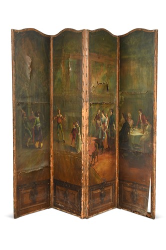 Lot 598 - A four-panel painted leather screen, 19th century