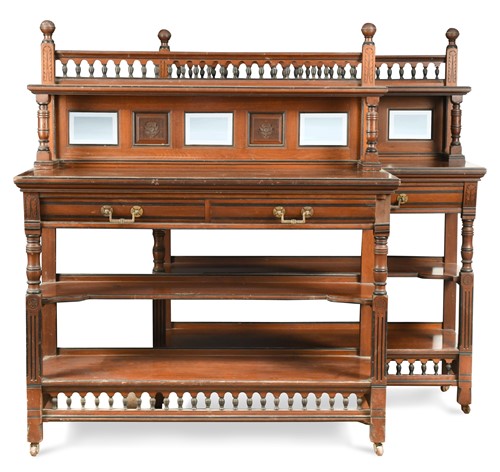 Lot 522 - A pair of Aesthetic movement walnut and ebonised sideboards, late 19th century