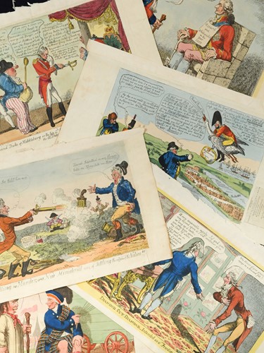 Lot 60 - Six hand coloured satirical cartoons by...
