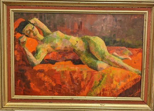 Lot 348 - Reclining female nude, 20th century, oil on...