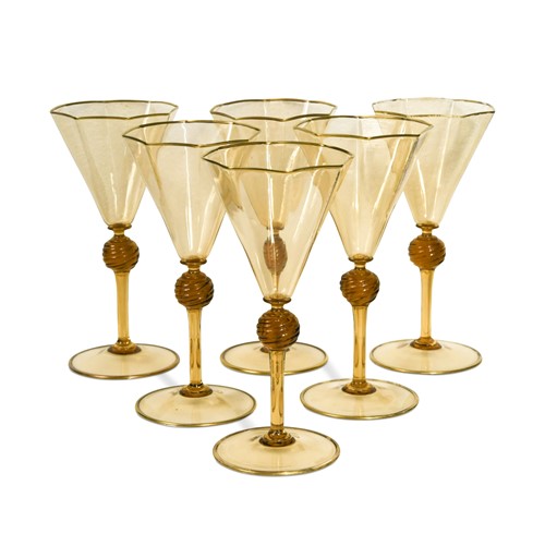 Lot 28 - A set of six Salviati Venetian Renaissance Revival wine glasses, circa 1900