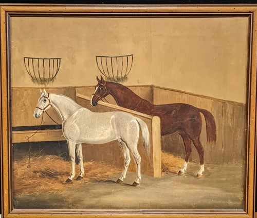 Lot 246 - English School, Two Horses in a Stable, oil on...