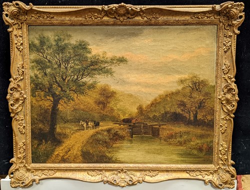 Lot 371 - British School, 19th Century, barge at a canal...