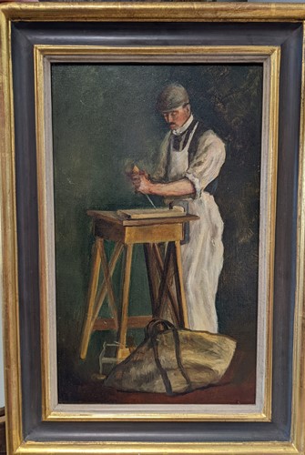 Lot 348 - Portrait of a carpenter oil on board 36 x 21.5cm