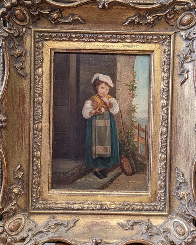 Lot 358 - Portrait of a young girl holding an apple,...